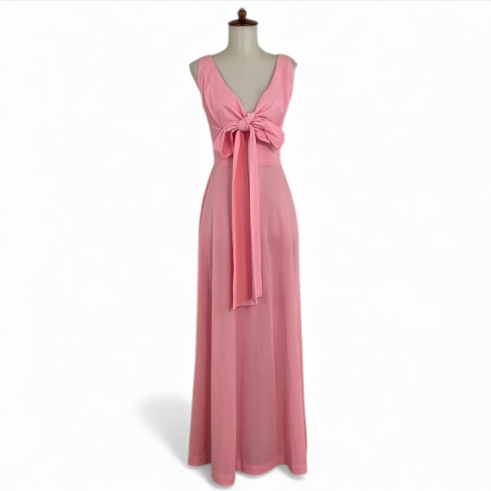 Vintage 70s 80s Maxi Dress Women’s XS Pink V-Neck Tie‎ Bodice Sleeveless